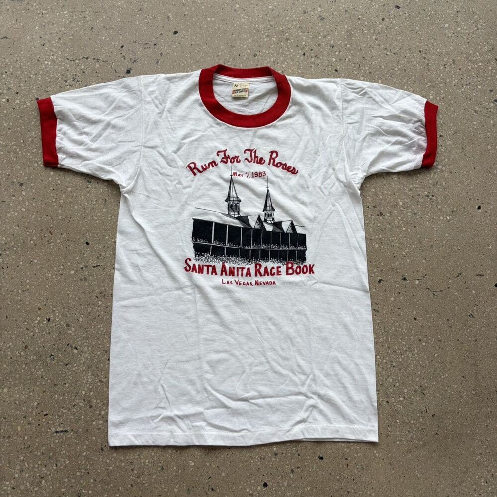 Vintage 80s Run For The Roses White/Red Ringer T-Shirt